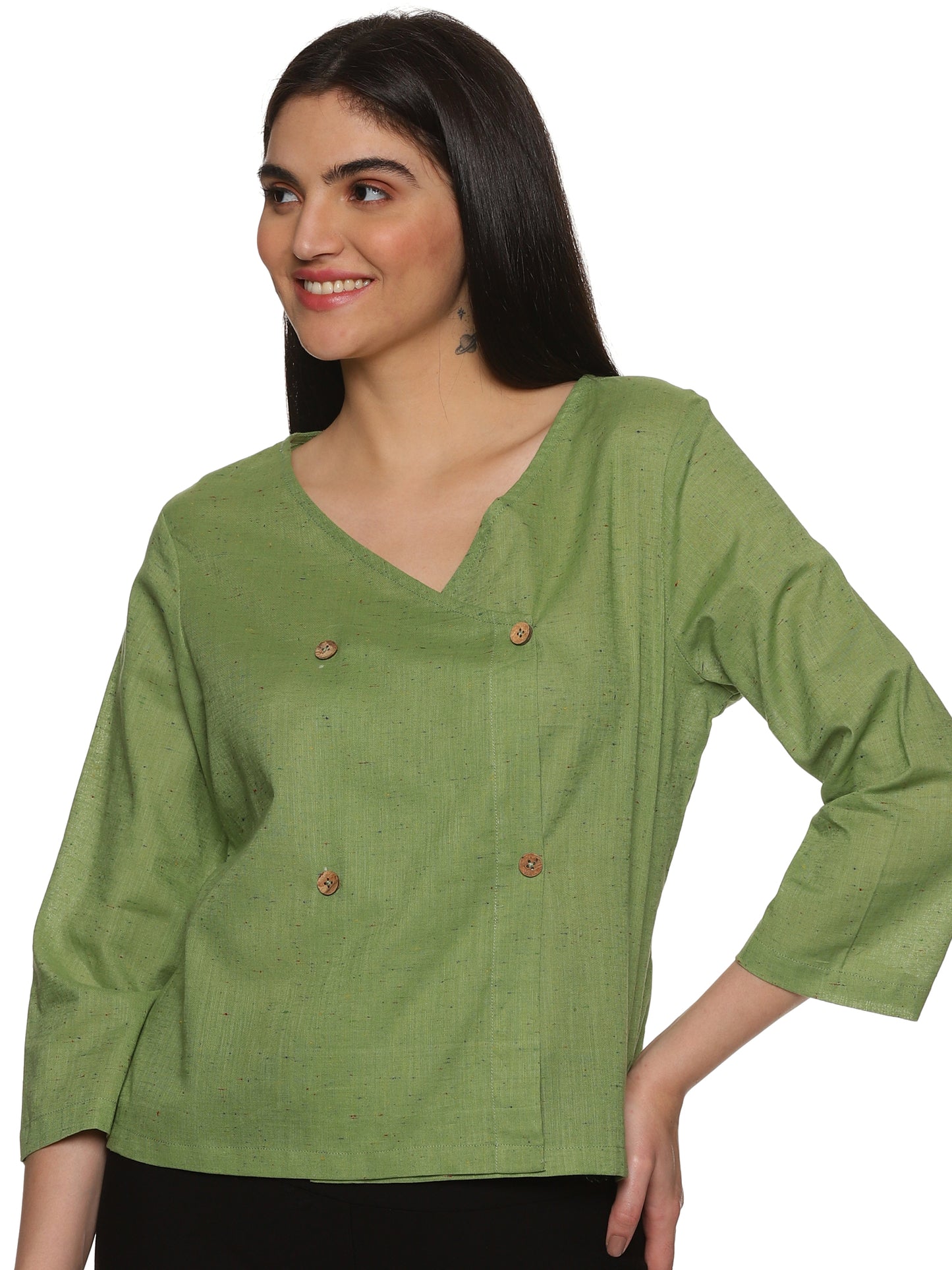 A model in Green Asymmetric Neck Side Button Top, a womens workwear is standing against a white background