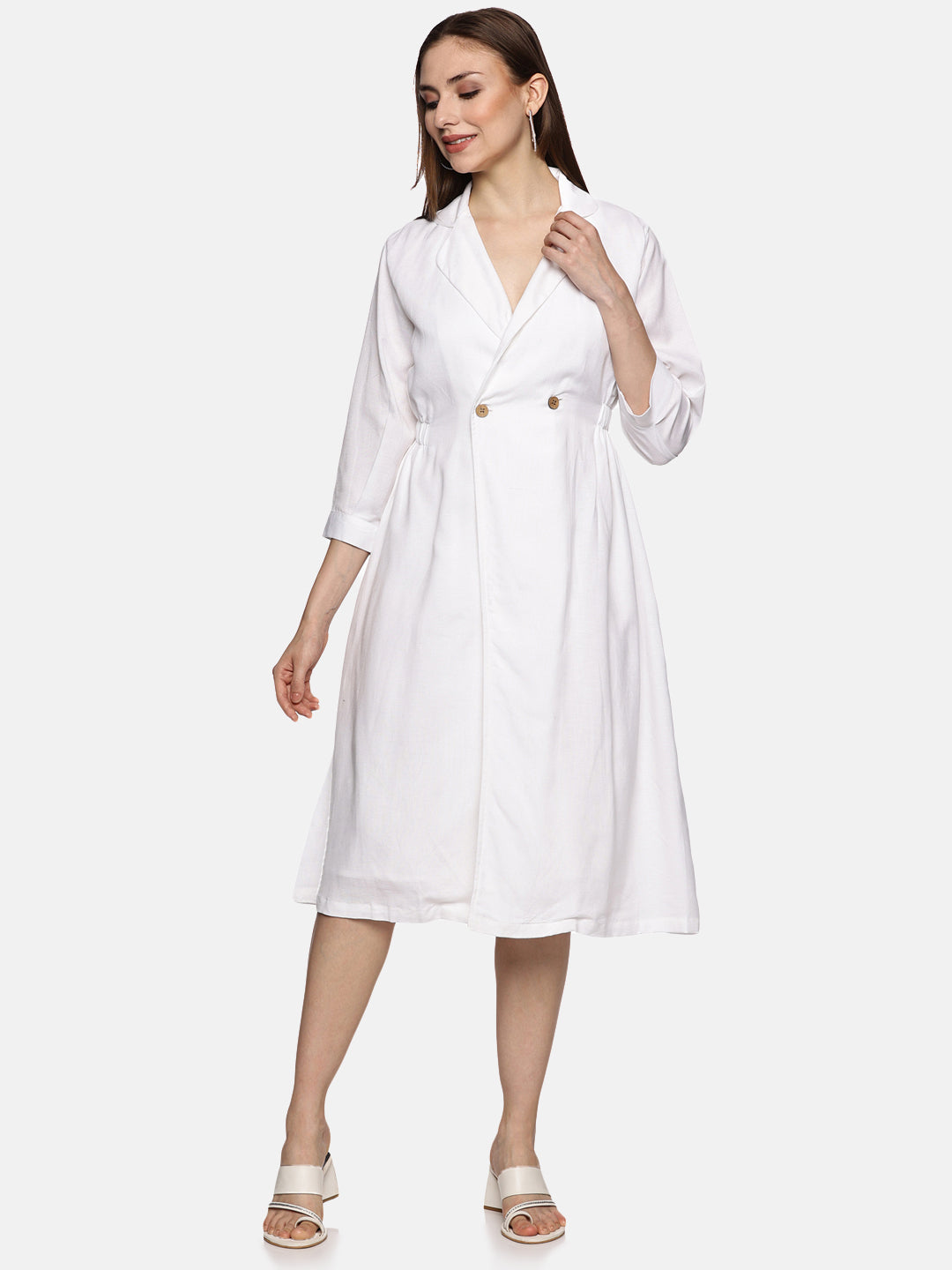 A Line Linen Button Lapel Dress-White