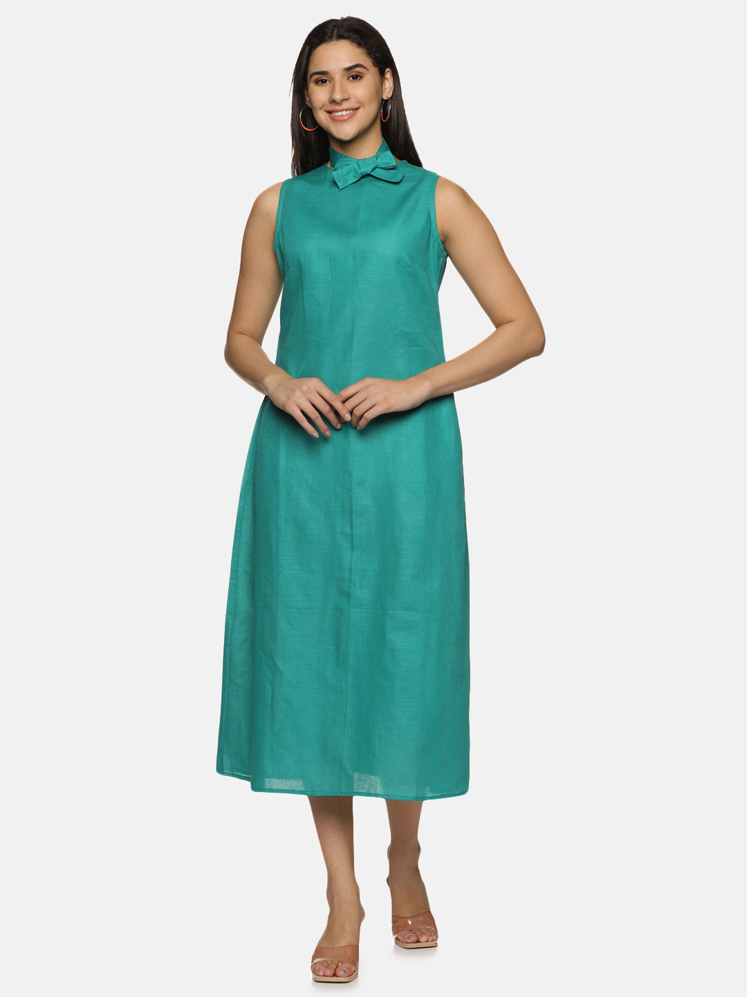 Linen Cotton Simple Sleeveless Straight cut Teal Dress