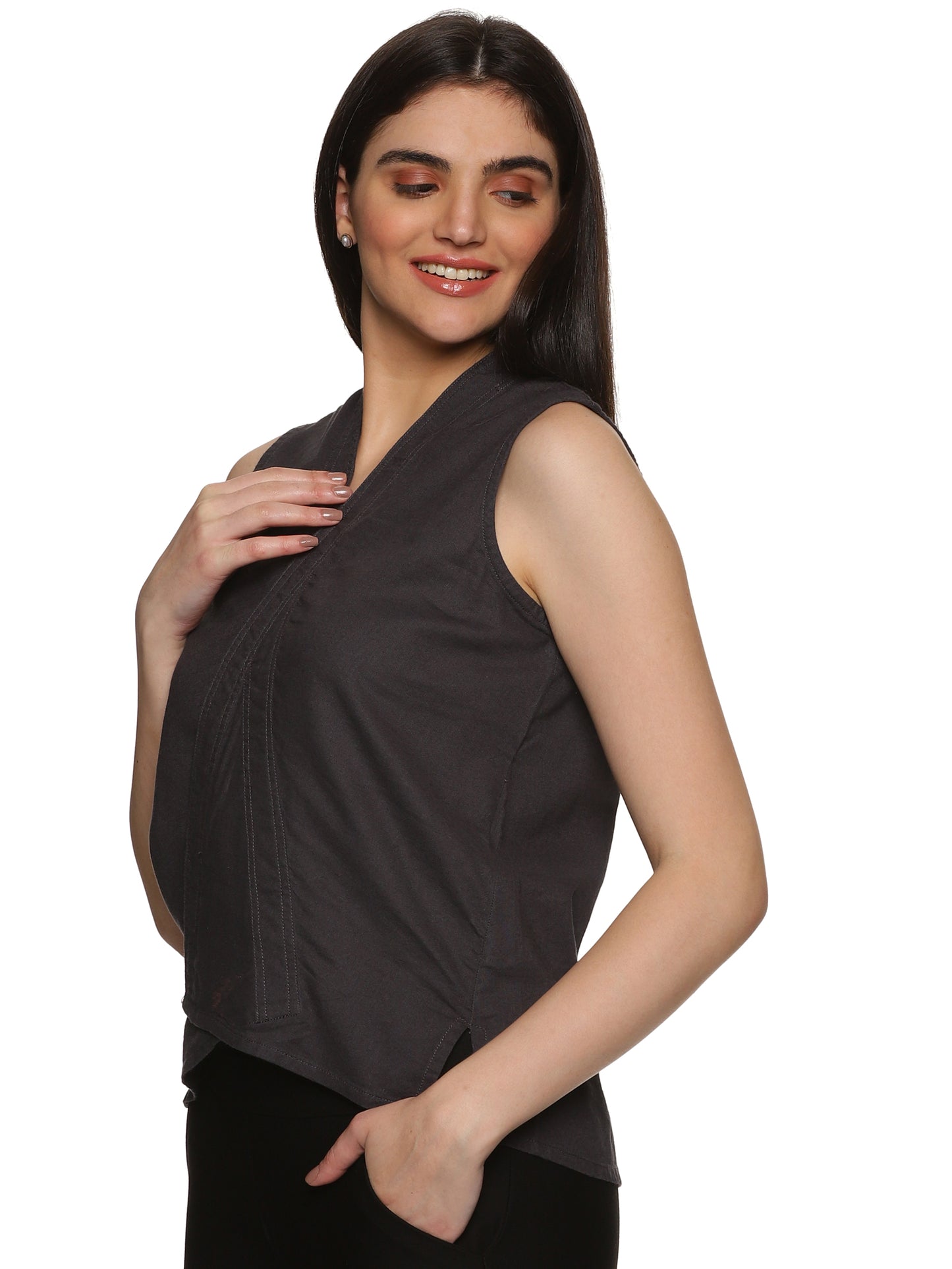 Linen Cotton Sleeveless Top -Dark Grey