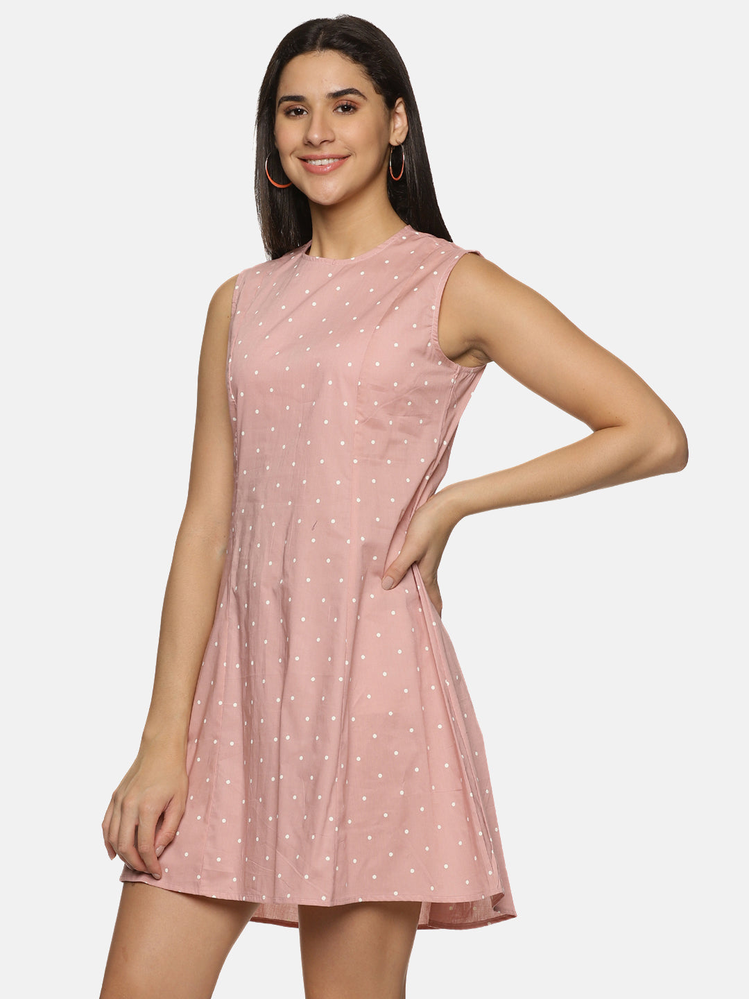 Pink polka dot Cotton sleeveless knee length Sheath Dress