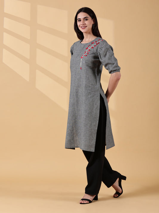 Indyvarna ANVI- Cotton Embroidered Kurta – Slate Grey Bloom