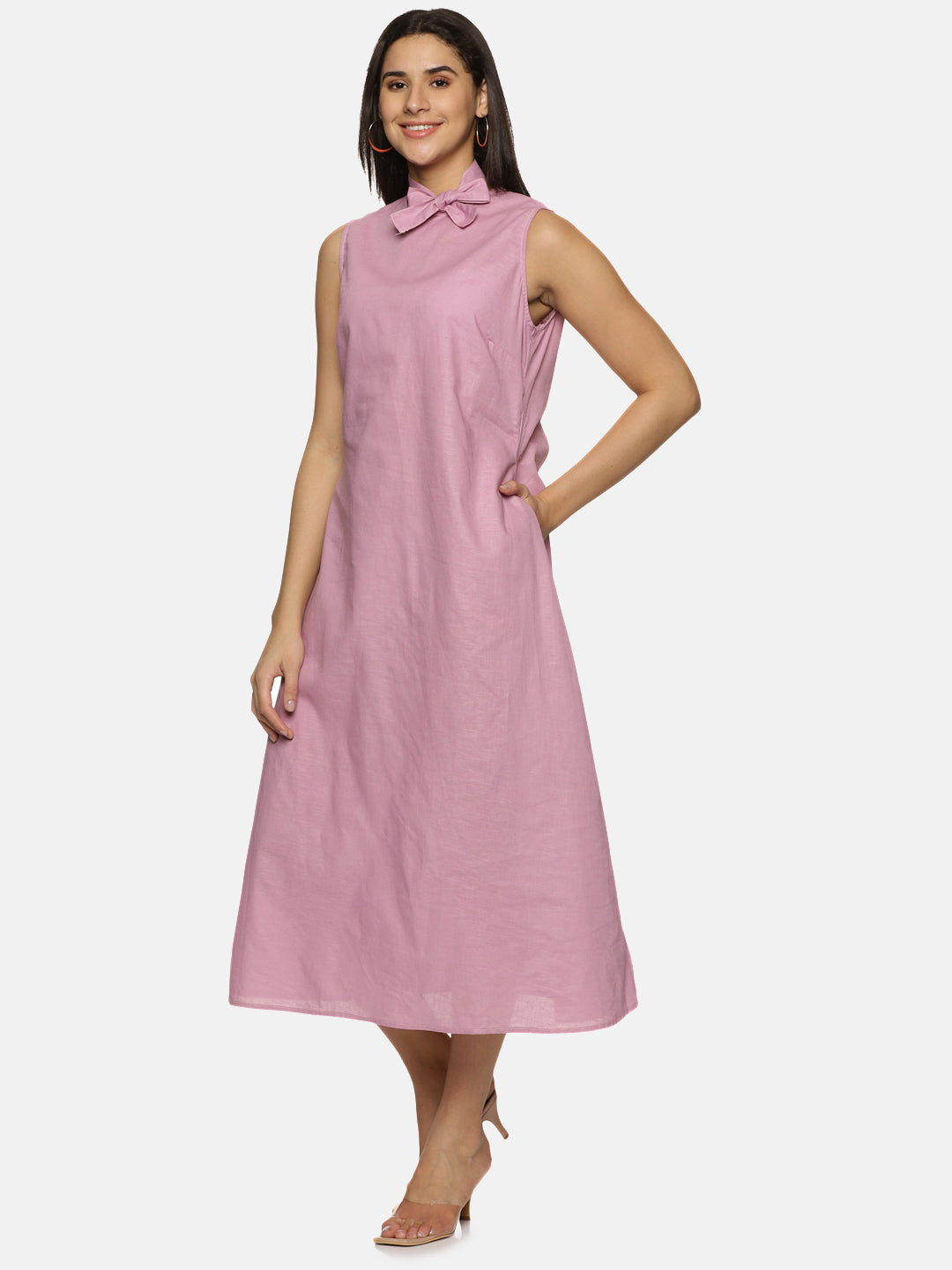 Linen Cotton Simple sleeveless Straight cut Dusty pink Dress