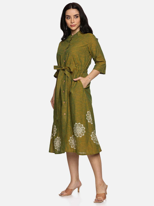 Green Floral Printed Round Neck A-Line Dress