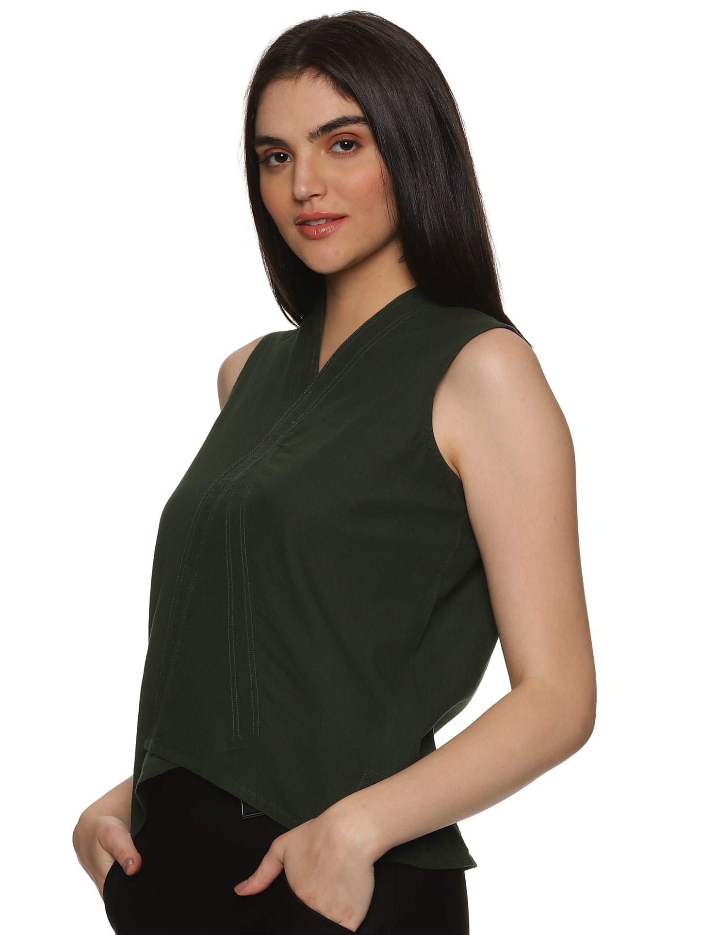 Linen Cotton Sleeveless Top - Olive Green