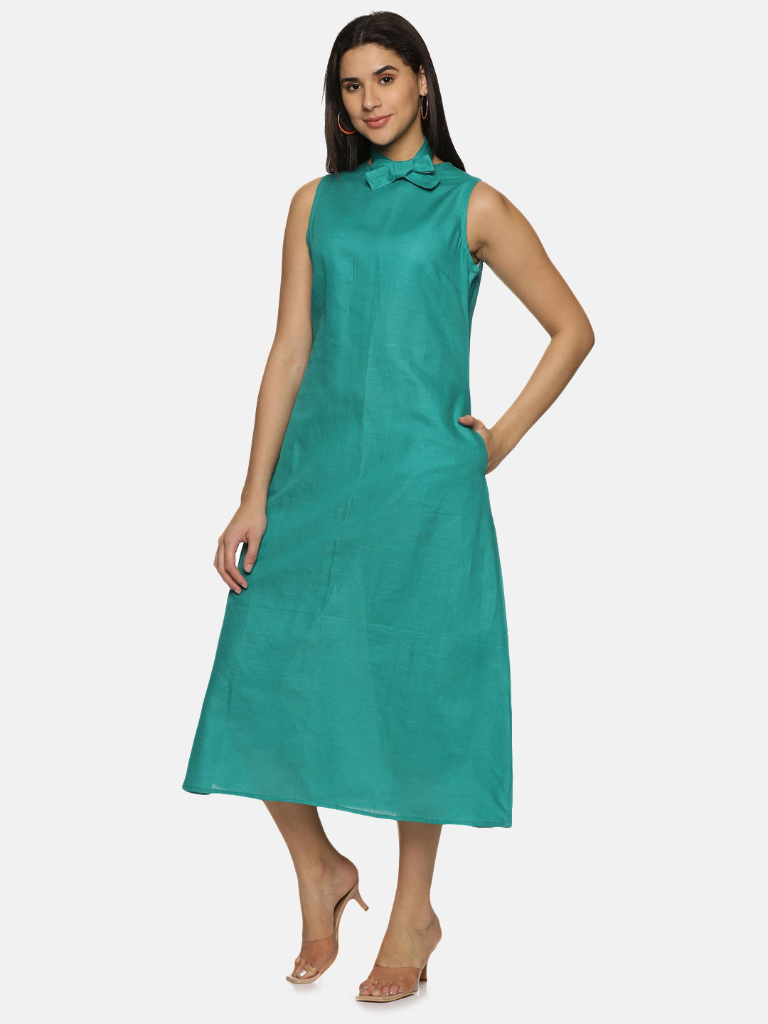 Linen Cotton Simple Sleeveless Straight cut Teal Dress