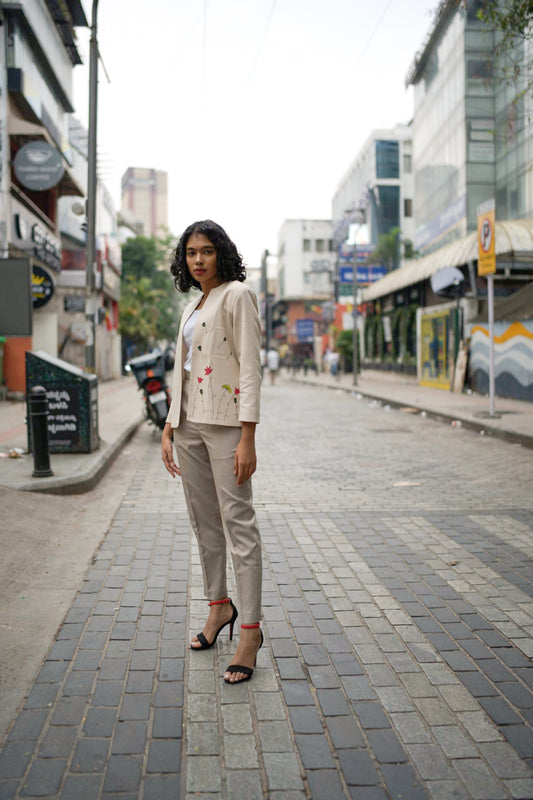 Open Front Cotton Blazer-Sand Beige Hand painted