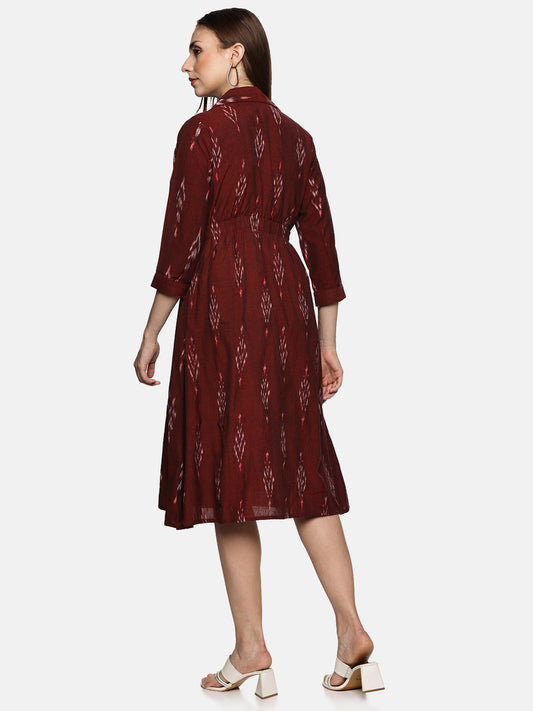 Shirt Collar A-Line Dress- Maroon
