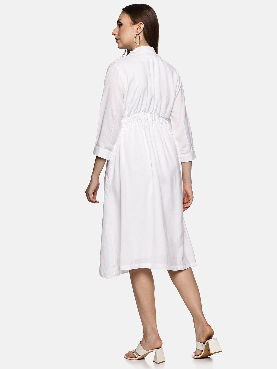 A Line Linen Button Lapel Dress-White