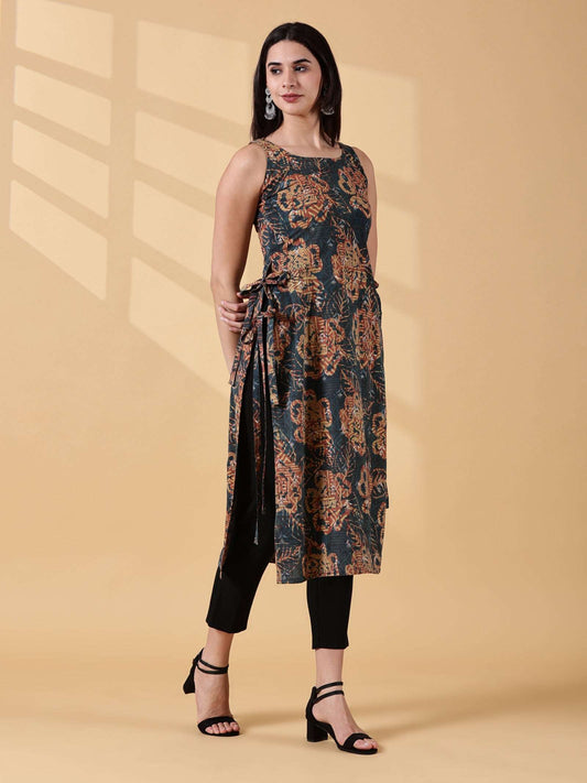 PRAMITI Side-Slit Kurta-Deep Teal Earth Handblock print