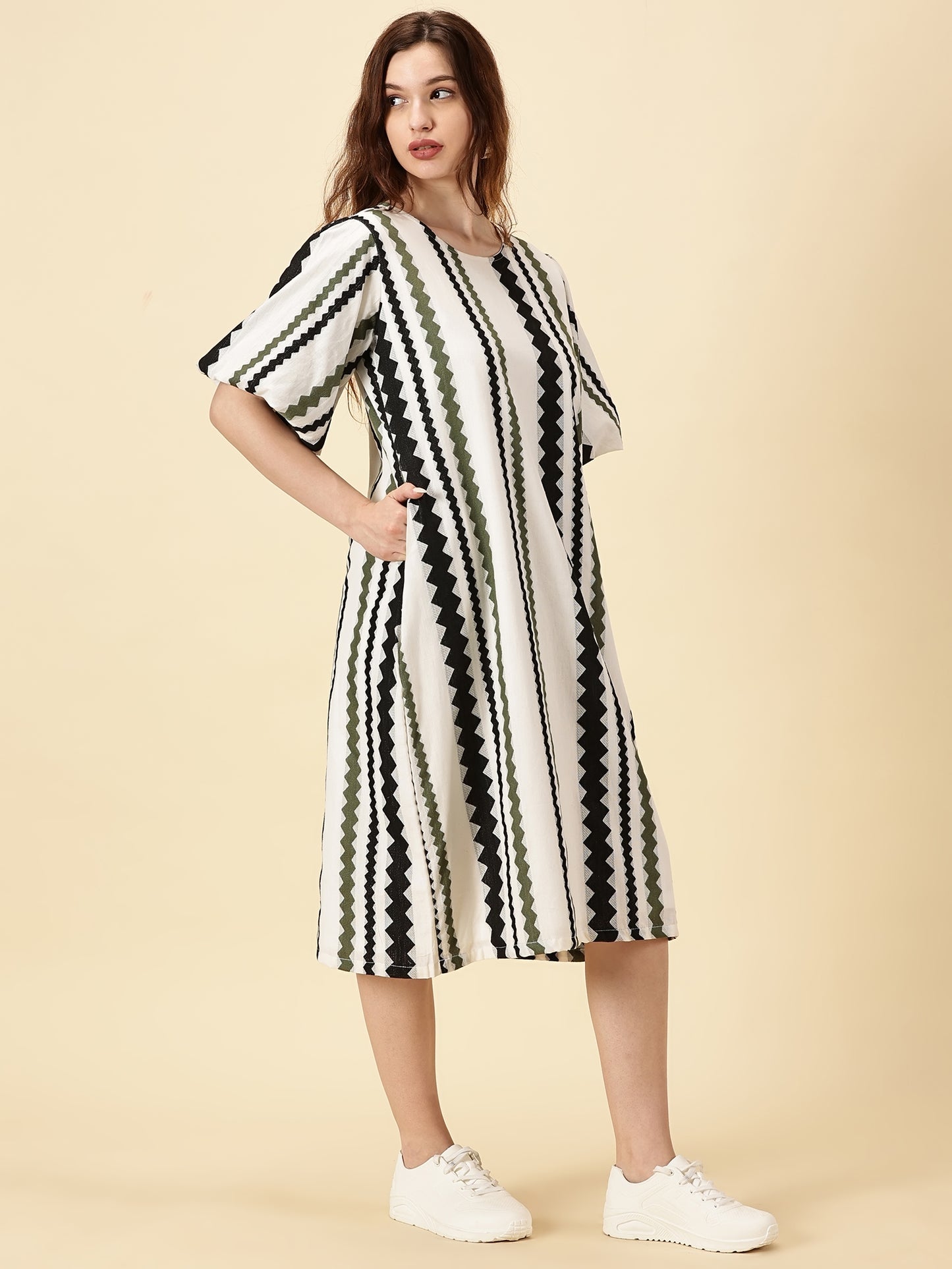 Cotton A-Line Midi Dress Handloom | Breathable Comfort | Everyday Style