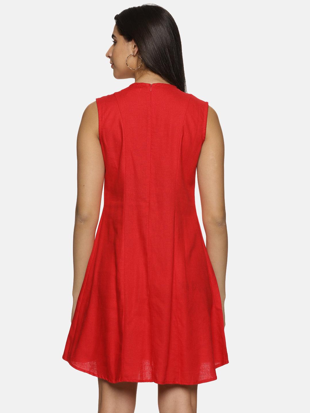 Red Linen Cotton sleeveless knee length Sheath Dress