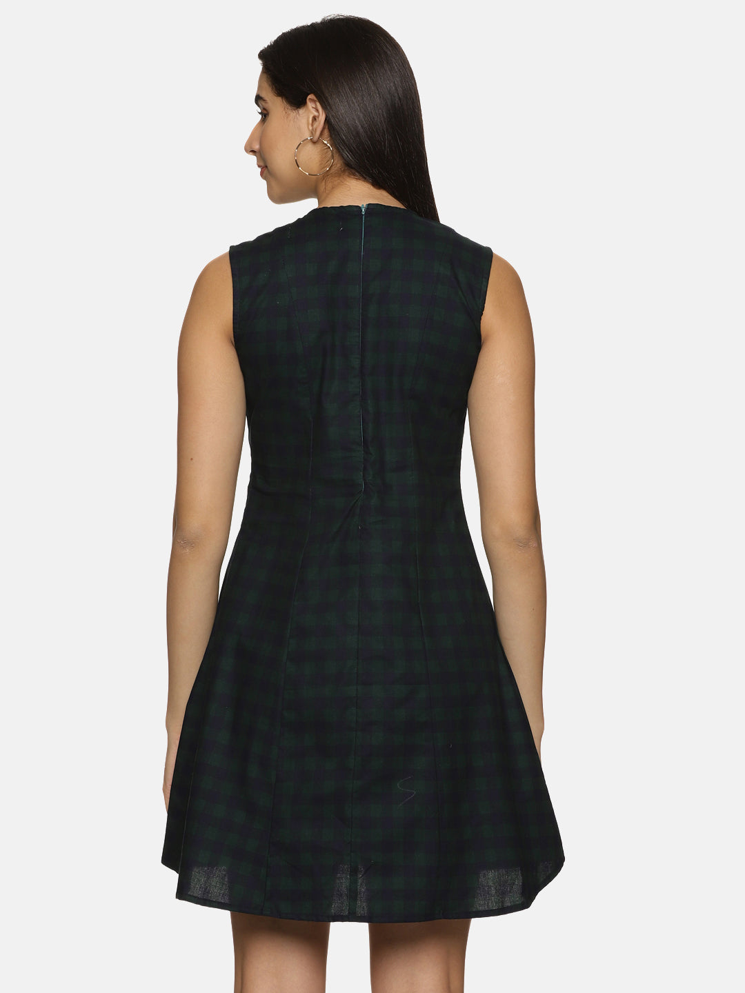 Olive and Black Cotton Checkered sleeveless Sheath Dress