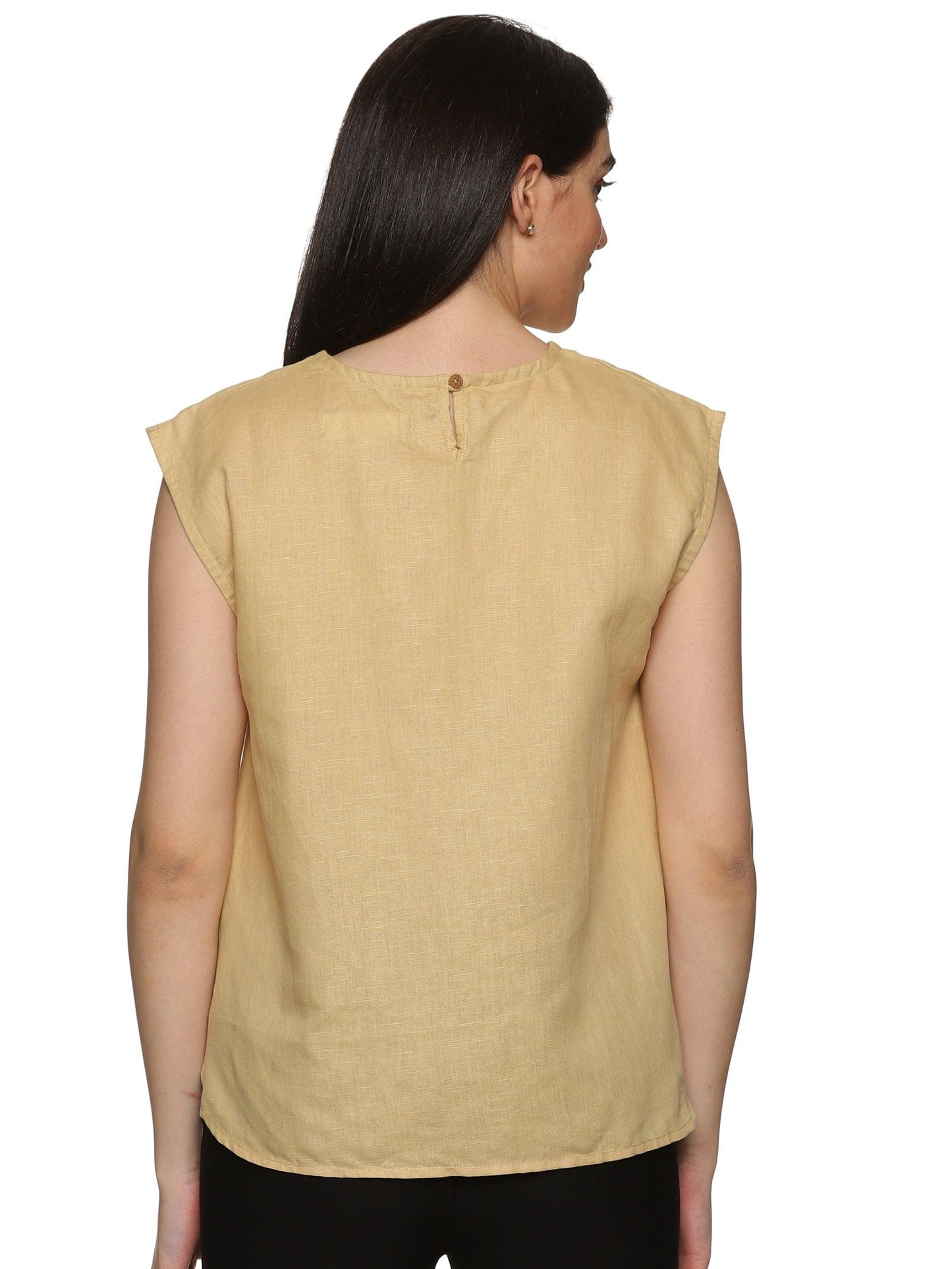 A back view of lady in Cotton Drop Shoulder Beige Top, womens workwear