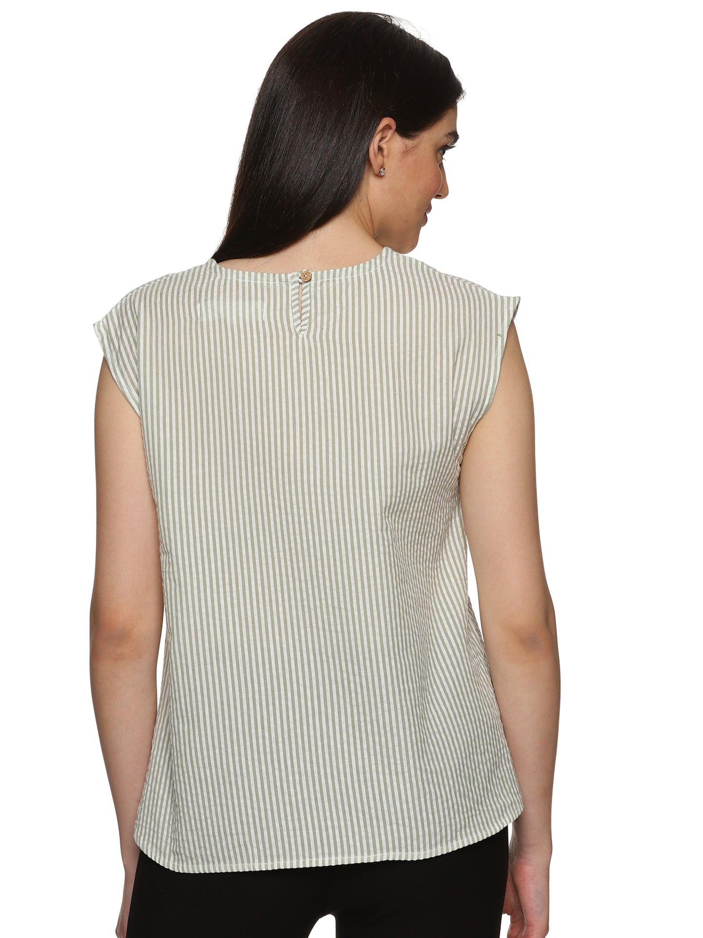 A back view of lady in Cotton Drop Shoulder vertical striped Top, womens workwear