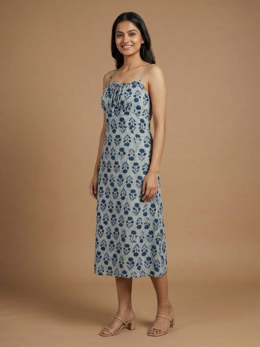 Pure Cotton Organic Block Printed Slip Dress – Indigo Blue