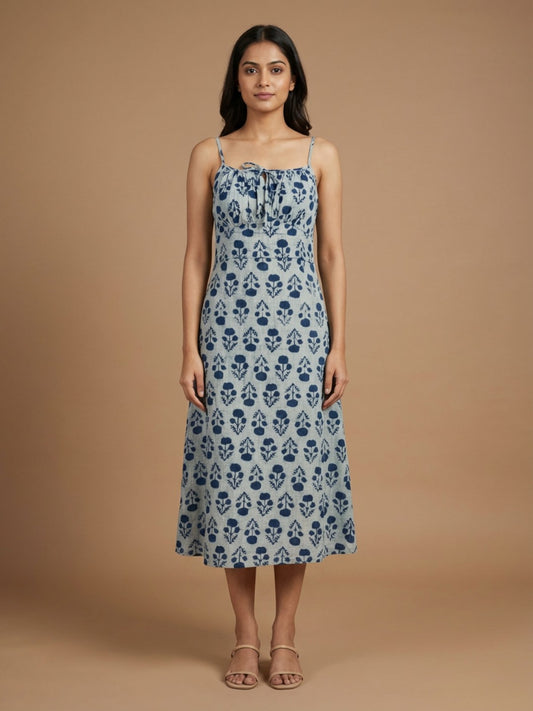 Pure Cotton Organic Block Printed Slip Dress – Indigo Blue