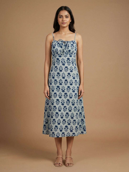 Pure Cotton Organic Block Printed Slip Dress – Indigo Blue