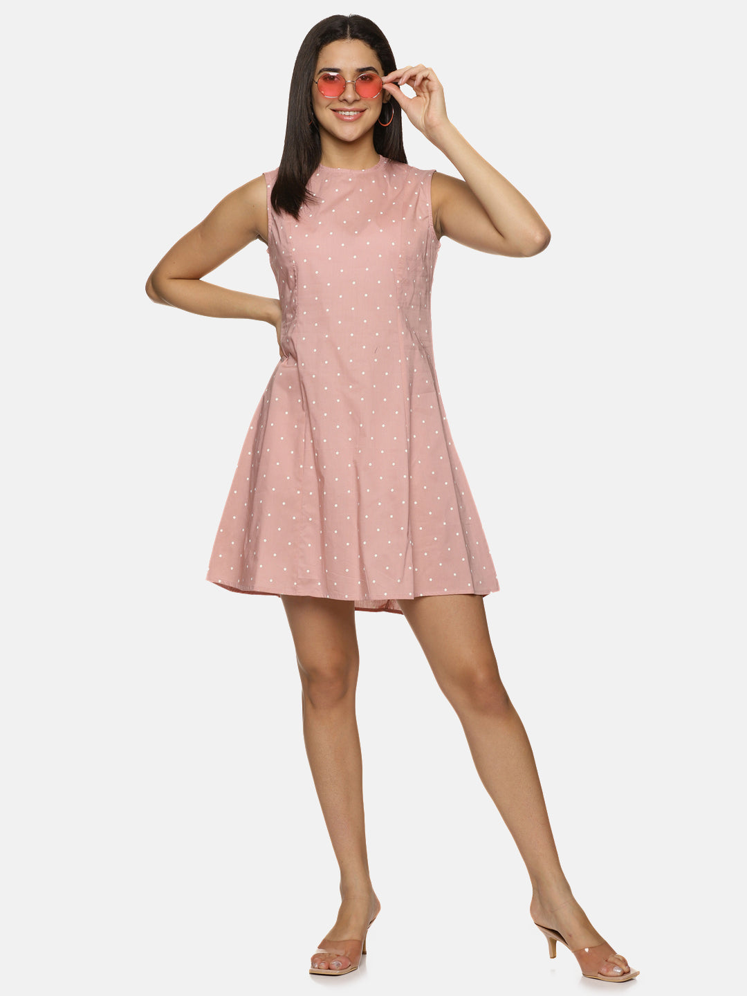 Pink polka dot Cotton sleeveless knee length Sheath Dress