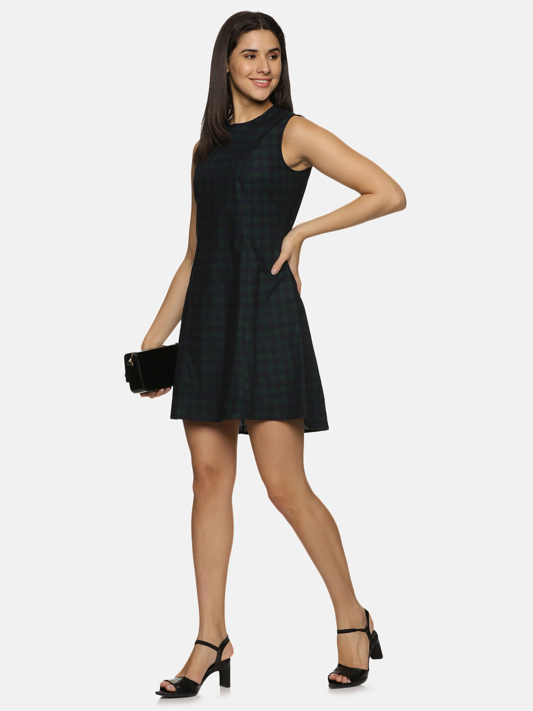 Olive and Black Cotton Checkered sleeveless Sheath Dress