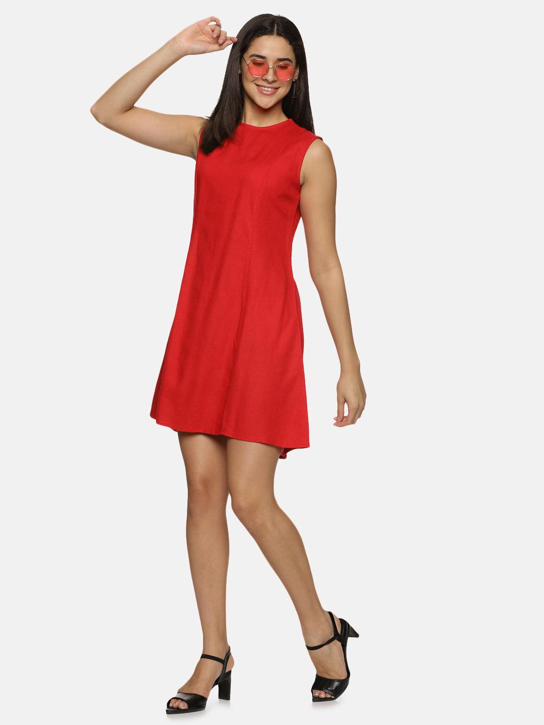 Red Linen Cotton sleeveless knee length Sheath Dress