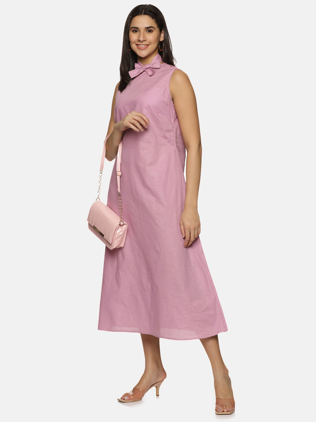 Linen Cotton Simple sleeveless Straight cut Dusty pink Dress