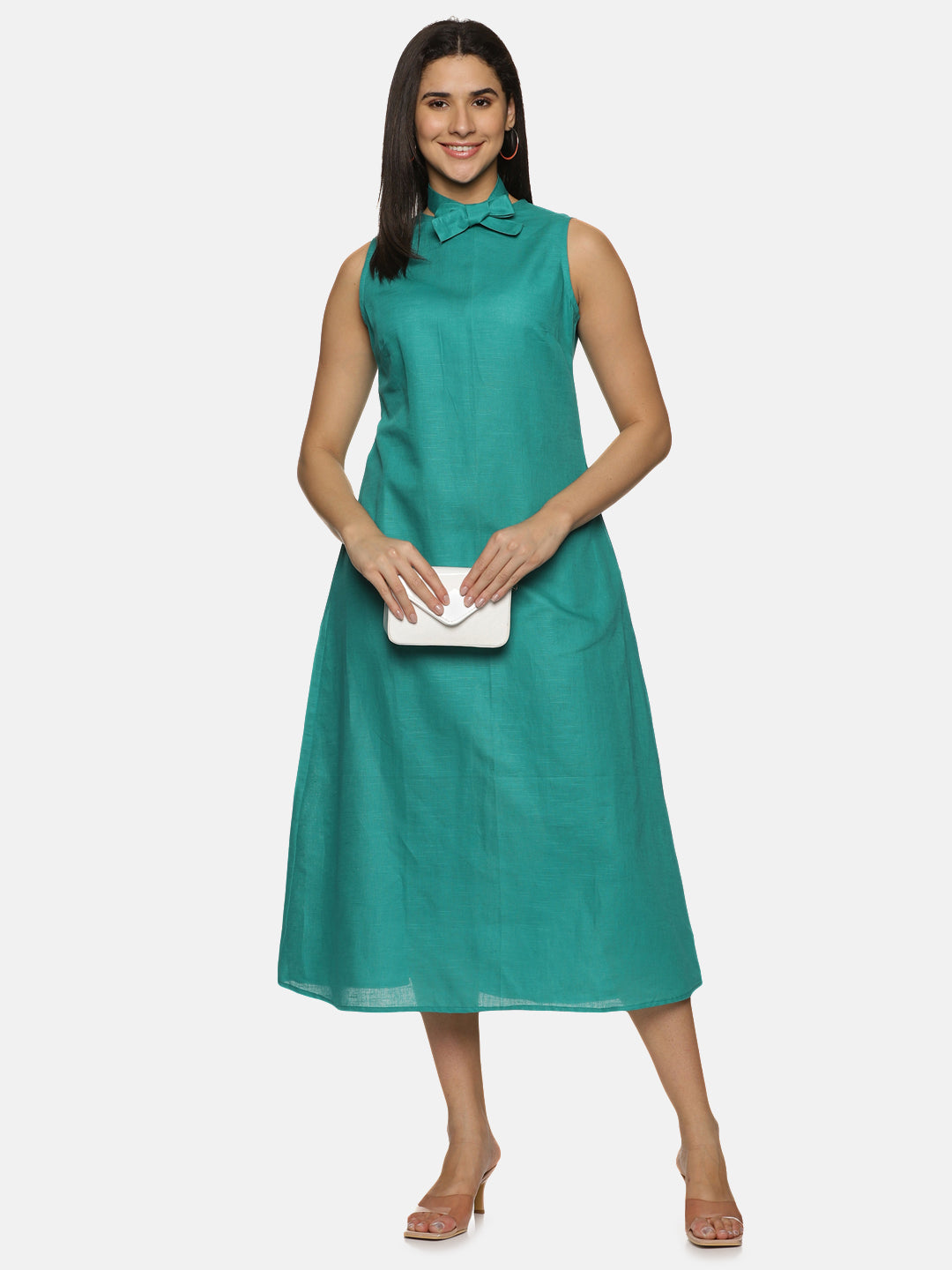 Linen Cotton Simple Sleeveless Straight cut Teal Dress