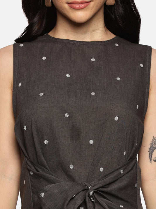 Polka Dot Handwoven A-Line Dress-Grey