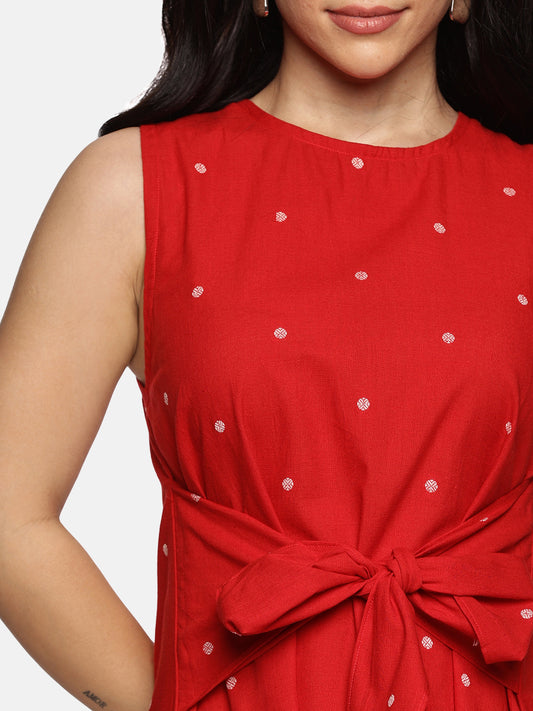 Polka Dot Handwoven A-Line Dress-Red