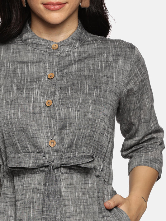 Grey Floral Printed Round Neck A-Line Dress