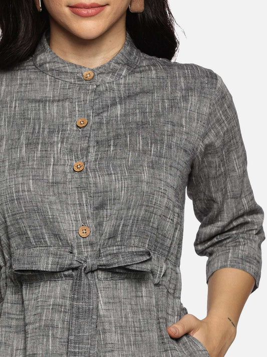 Grey Floral Printed Round Neck A-Line Dress