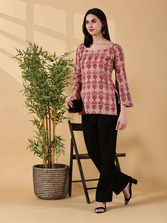 Indyvarna DISHA Deep U-Back Cotton Kurti – Rose Red Kalamkari
