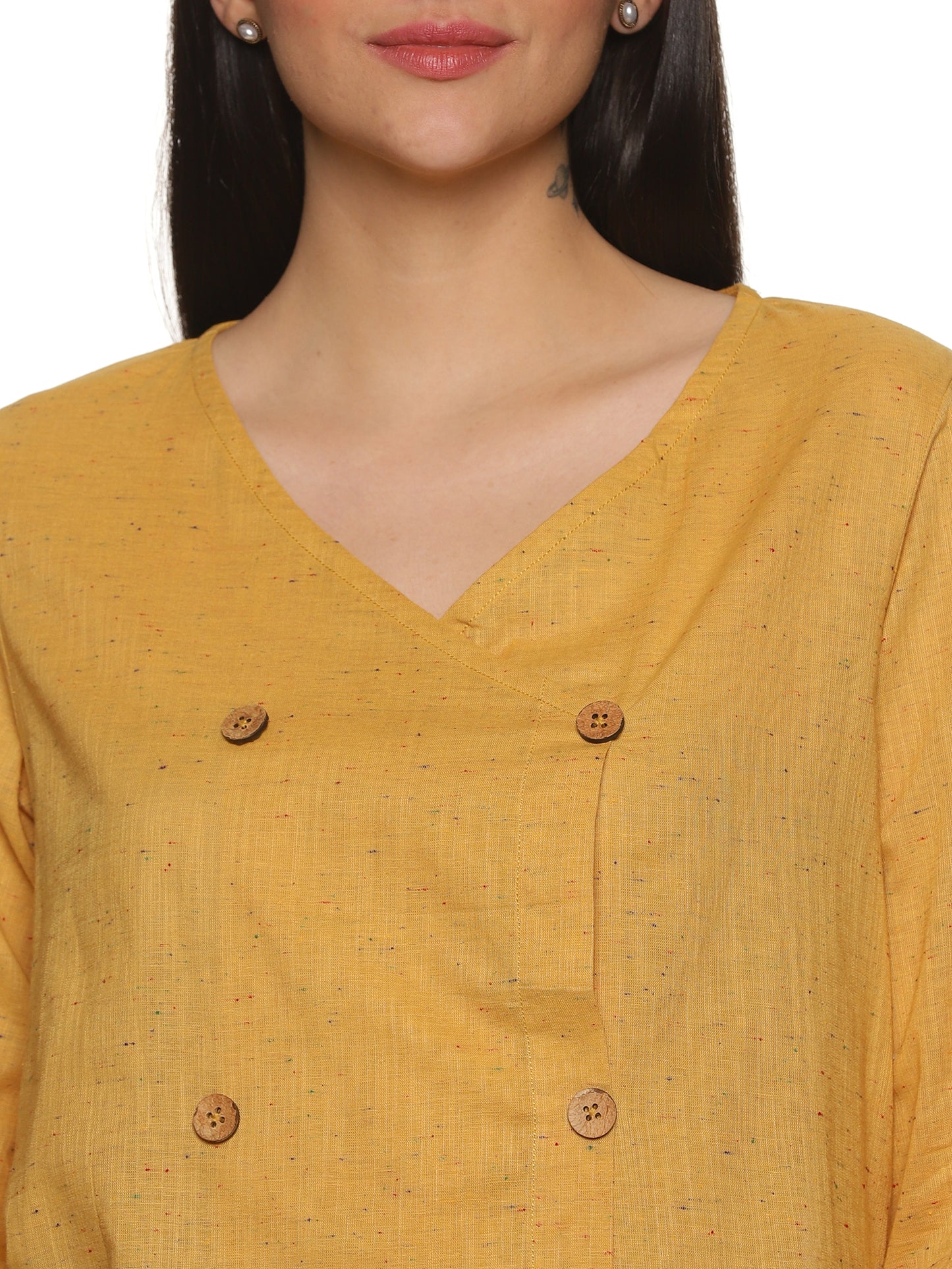 An aesthetic image of lady in Mustard Asymmetric Neck Side Button Top, womens workwear