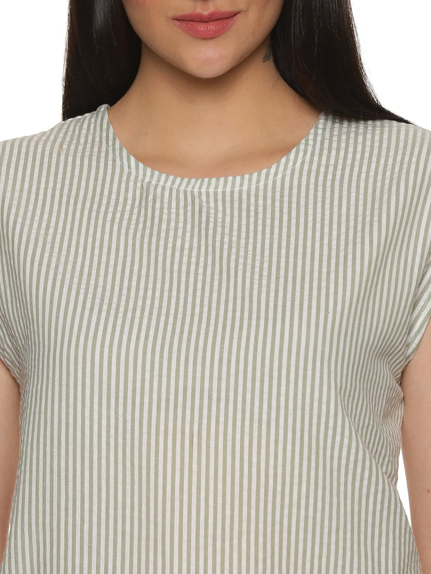 A zoomed in view of lady in Cotton Drop Shoulder vertical striped Top, womens workwear