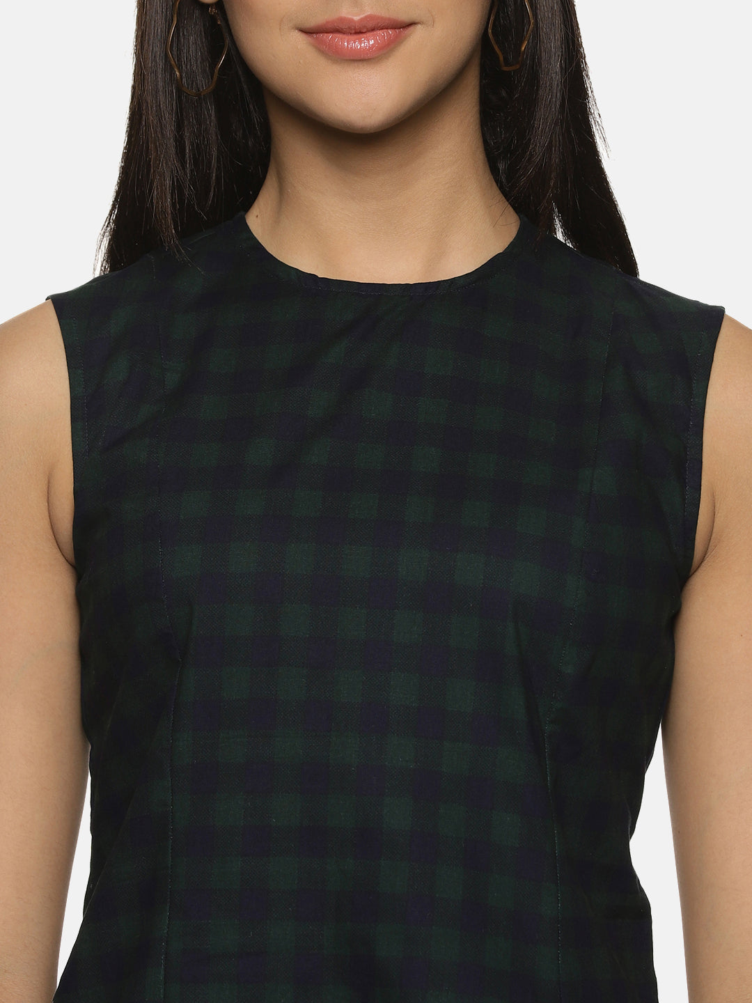 Olive and Black Cotton Checkered sleeveless Sheath Dress