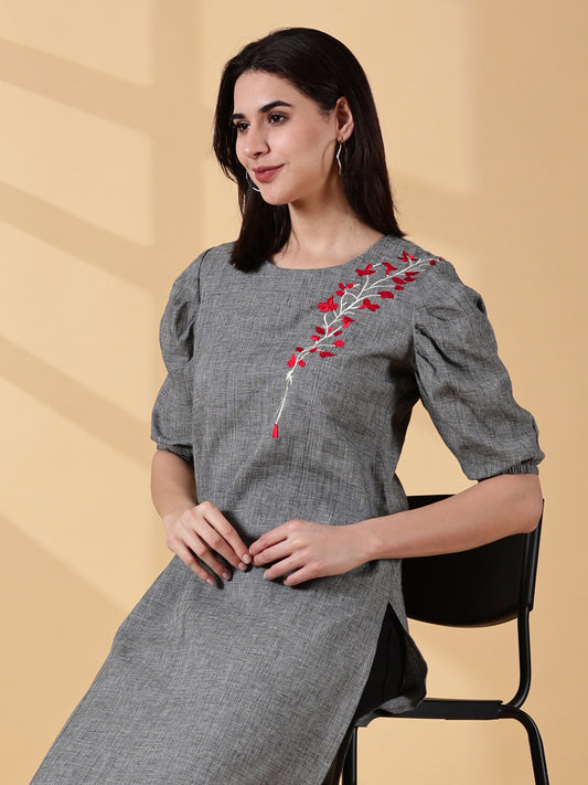 Indyvarna ANVI- Cotton Embroidered Kurta – Slate Grey Bloom