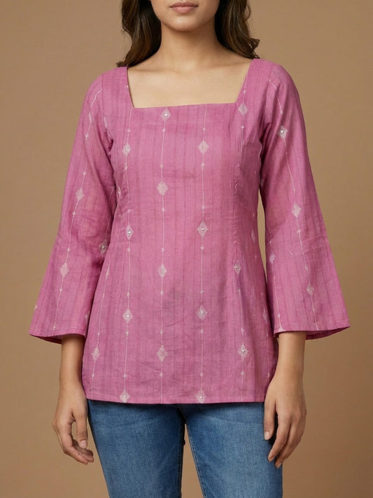 Elegant Rose Pink Cotton Kurti -Square Back neck - with Bell Sleeves