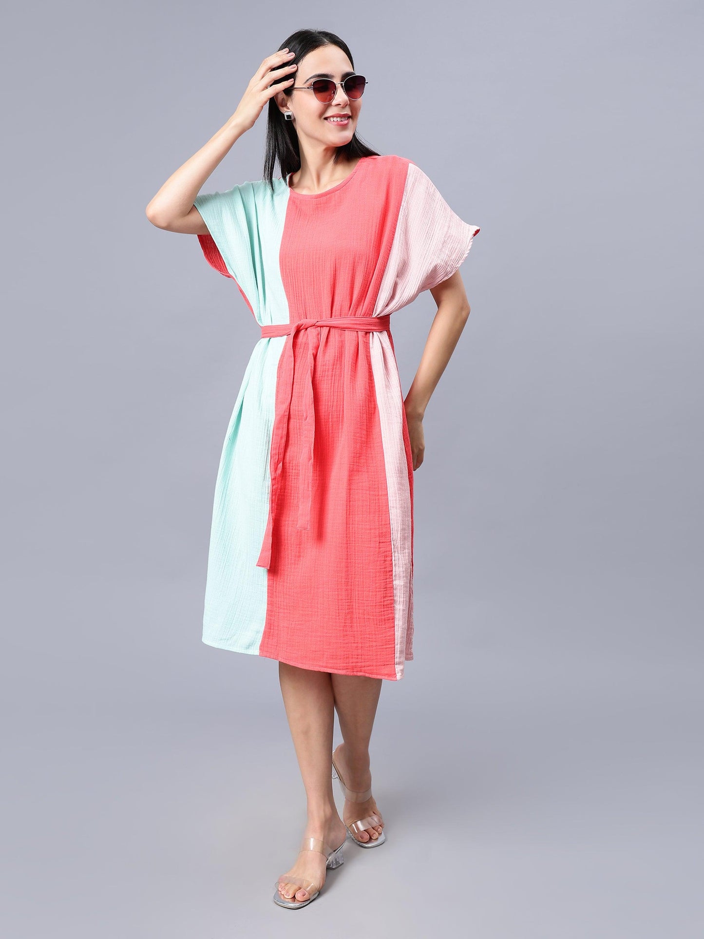 Women's Multi-Colored Cotton Colourblocked Kaftan Dress - Casual Short Sleeves Round Neck