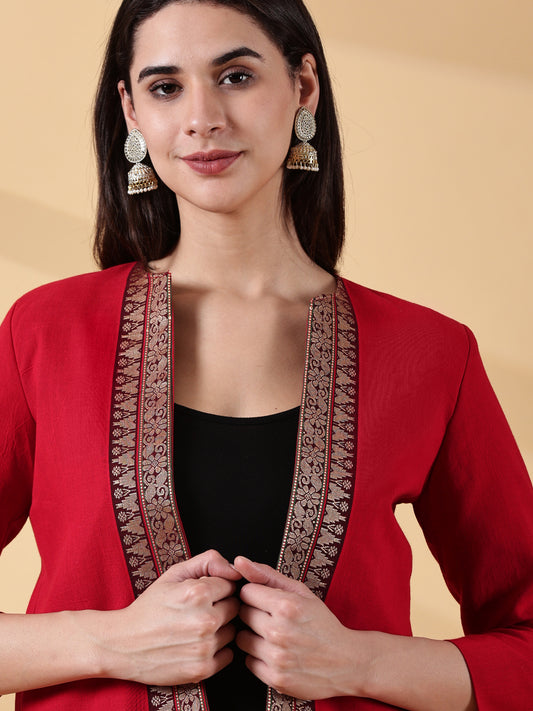 Festive Red Handwoven Cotton Open-Front Blazer – Rekha Edition