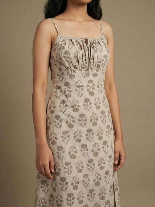Pure Cotton Organic Block Printed Slip Dress- Earthy Brown