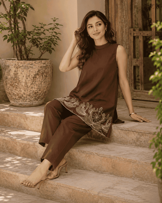 Mocha Bloom Embroidered Co-Ord Set