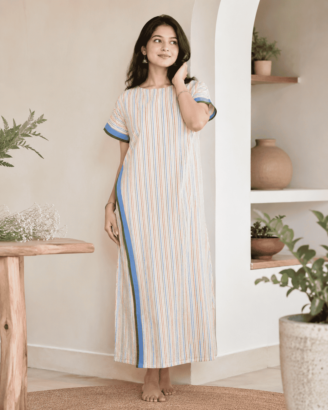 Handloom Cotton Striped Midi Dress for Women – Indyvarna