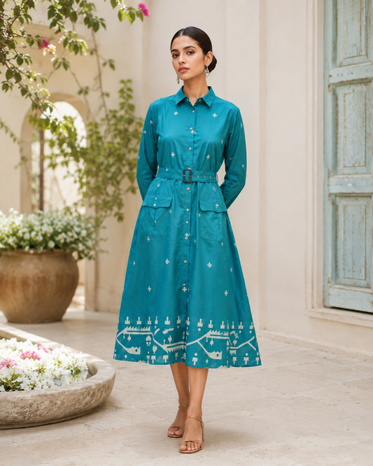 Teal Heritage Belted Shirt Dress