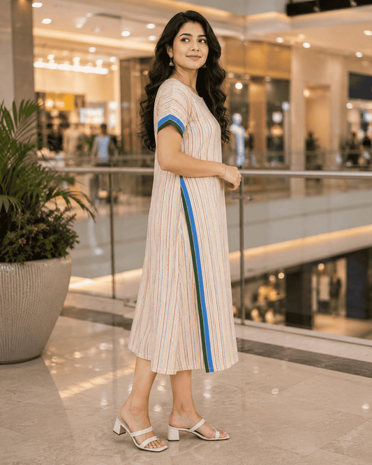 Handloom Cotton Striped Midi Dress for Women
