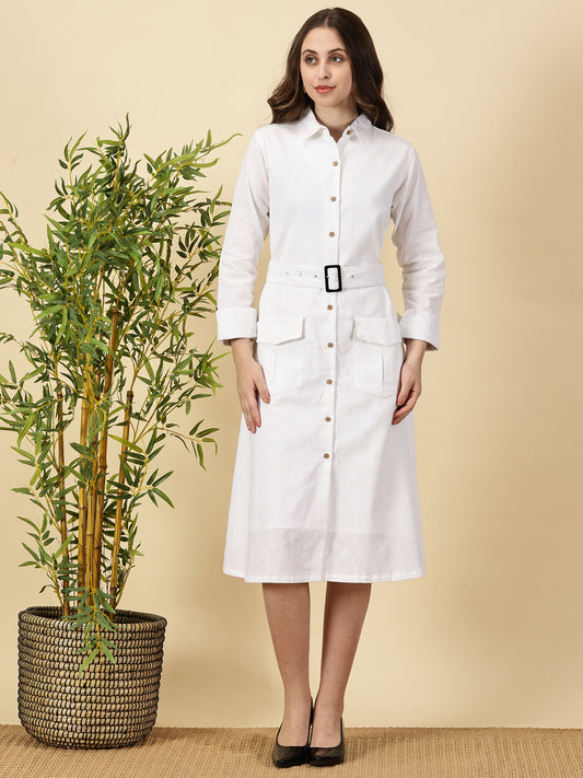 Button down Linen Shirt Dress-White