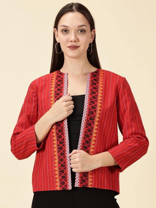 Open-Front Blazer-Red Handwoven South Cotton