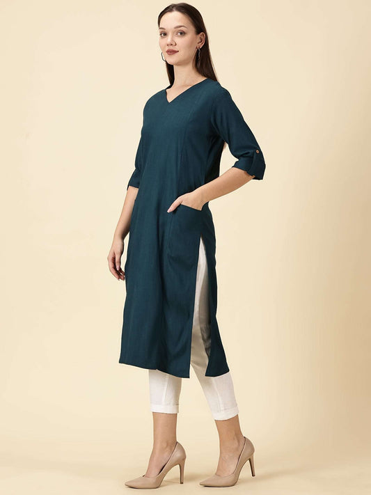 Teal Blue Cotton Viscose Lycra Kurta - Classic Workwear Edits