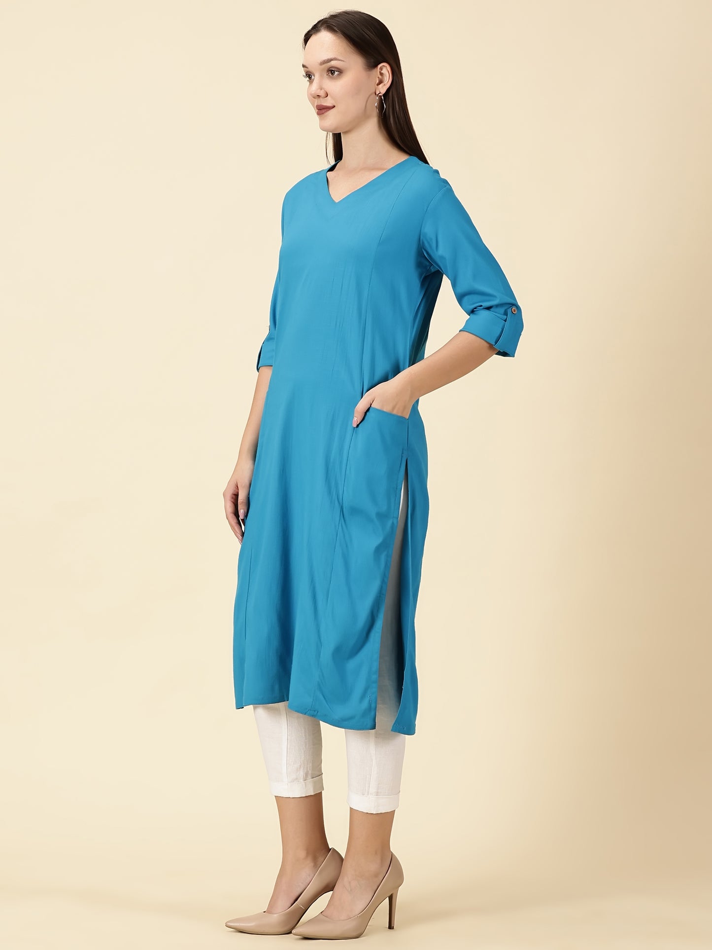 Cotton Lycra Workwear Kurta-Azure Blue