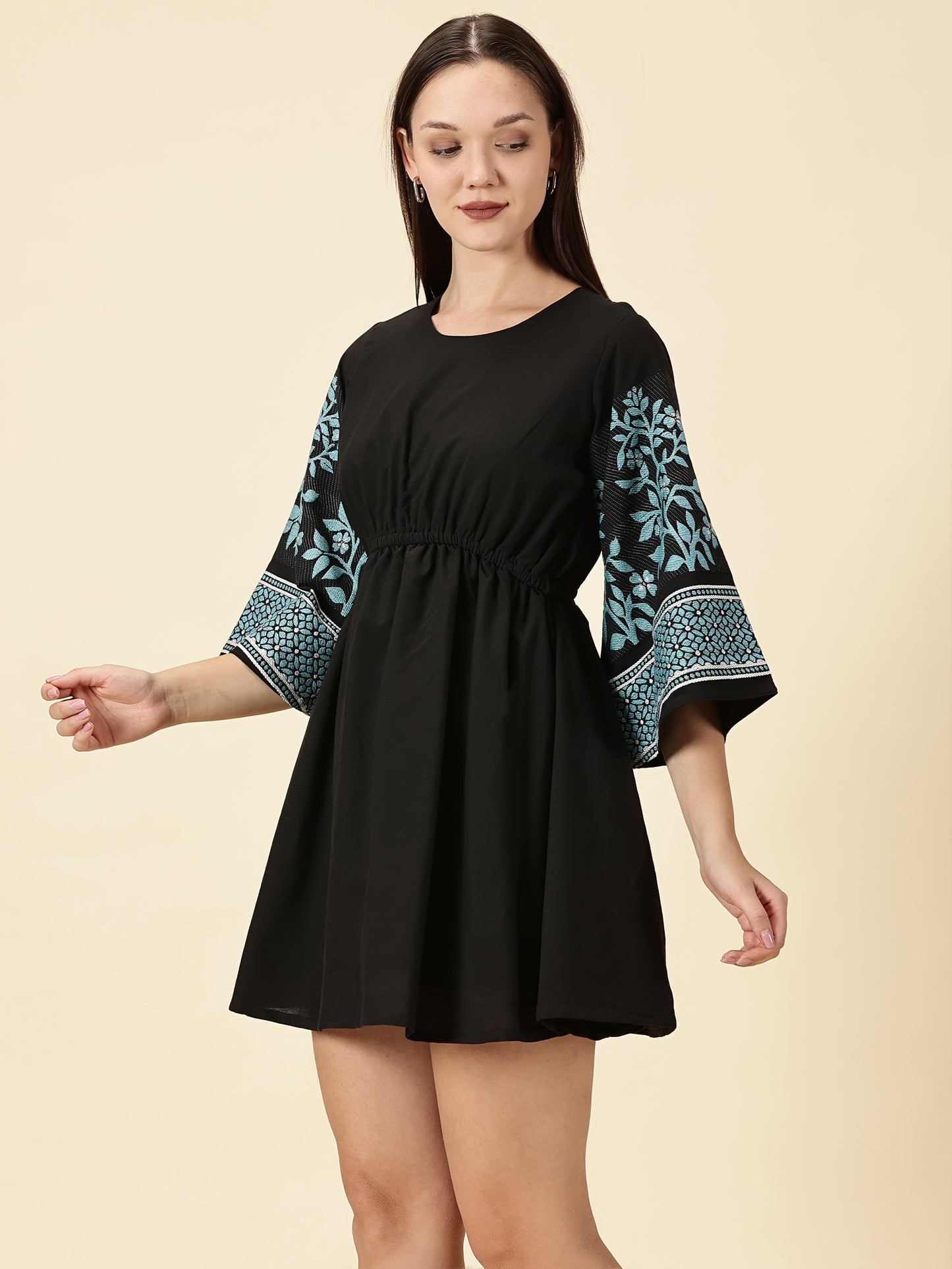 Bell Sleeve Jamdani Dress-Black