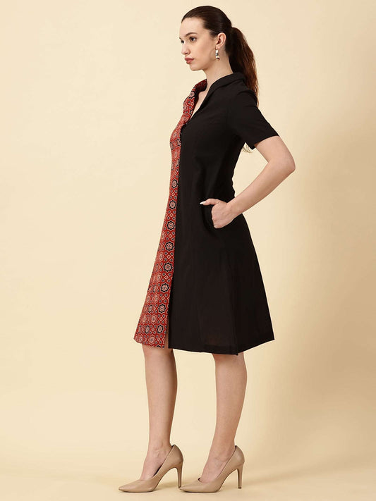 Half & Half Cotton Dress - Ajrak & Black